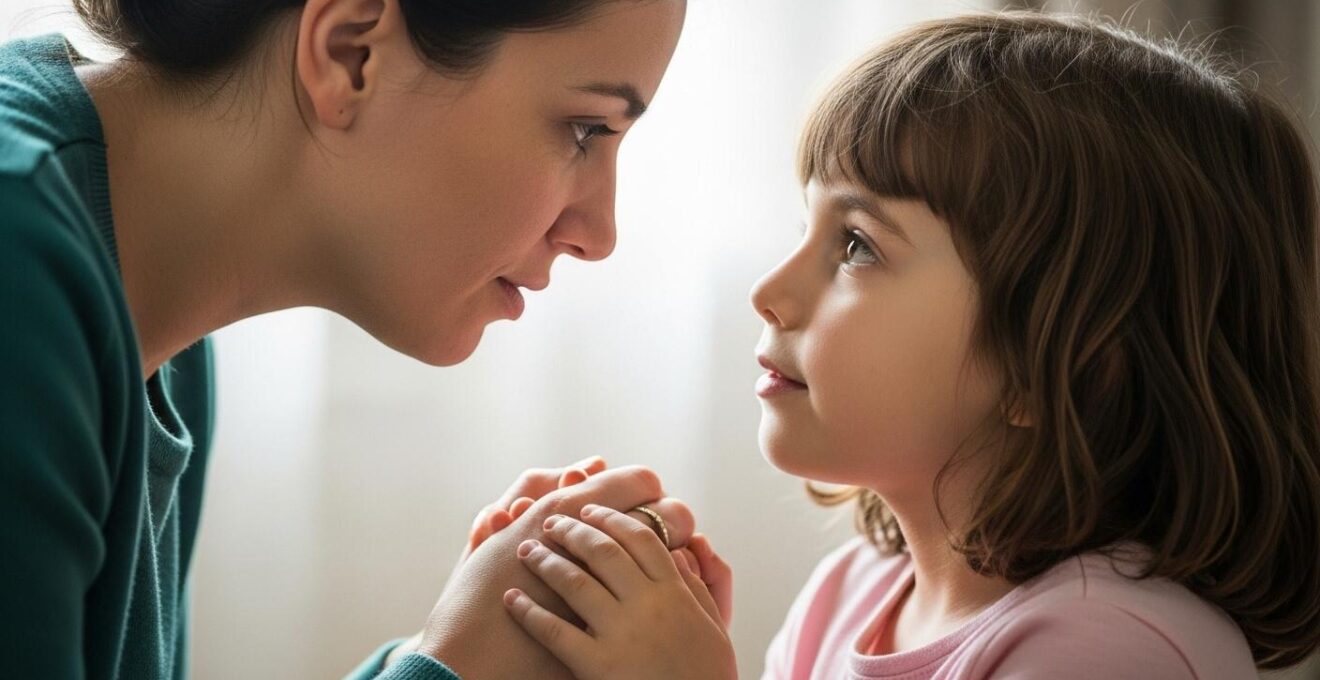 Photo d’un parent et enfant discutant calmement autour d’un coffre à jouets, atmosphère paisible et bienveillante