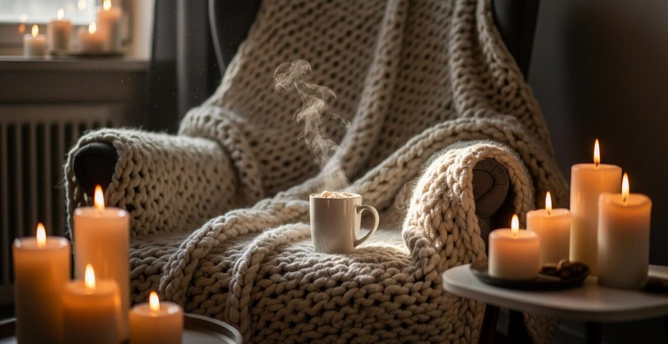 Scène chaleureuse et confortable d'un coin cosy avec plaid, bougies allumées et boisson chaude