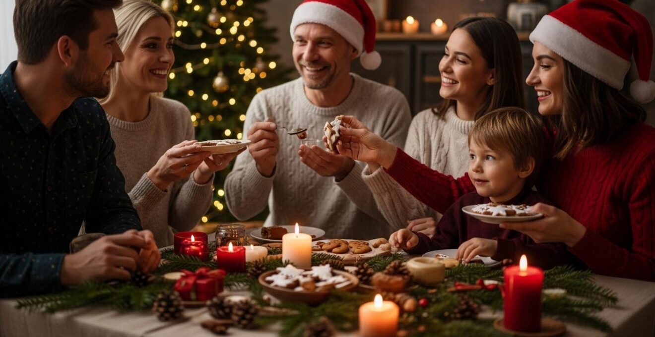 Scène photographique réaliste d'une ambiance de Noël chaleureuse évoquant les cinq sens avec décorations, lumière douce, éléments naturels et interactions humaines