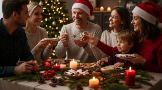 Scène photographique réaliste d'une ambiance de Noël chaleureuse évoquant les cinq sens avec décorations, lumière douce, éléments naturels et interactions humaines