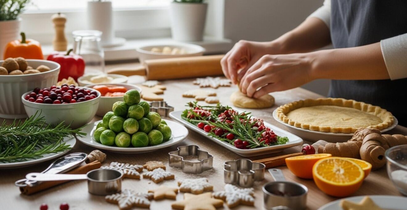 Détail d'ingrédients et plats préparés pour un batch cooking de Noël organisé