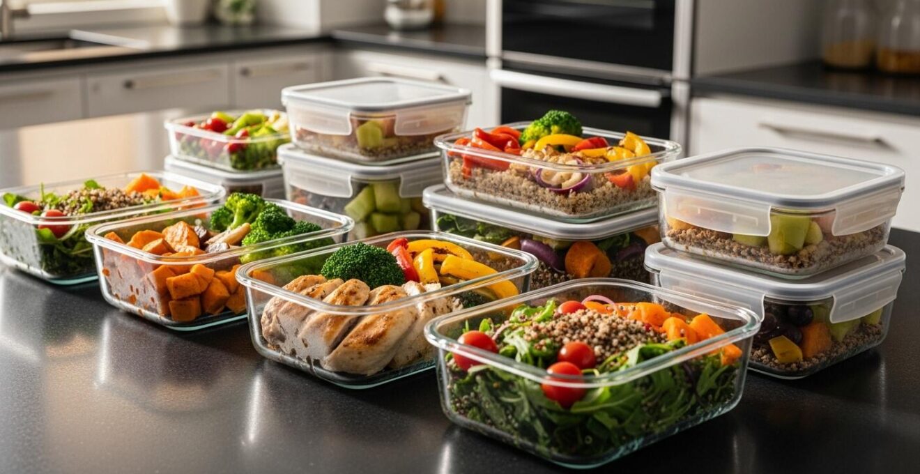 Plan rapproché de plusieurs plats de Noël préparés à l'avance sur un plan de travail en cuisine