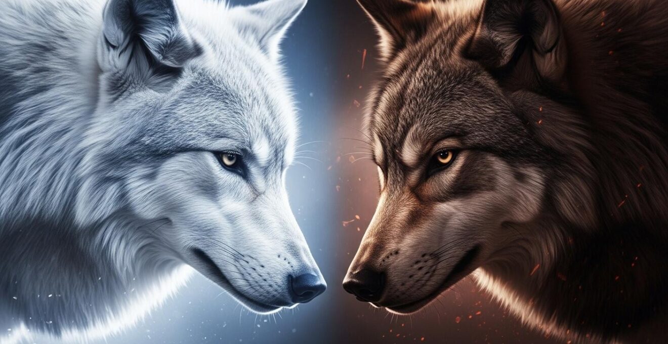 Illustration symbolique d'un loup lumineux représentant la bienveillance face à un loup sombre représentant la colère