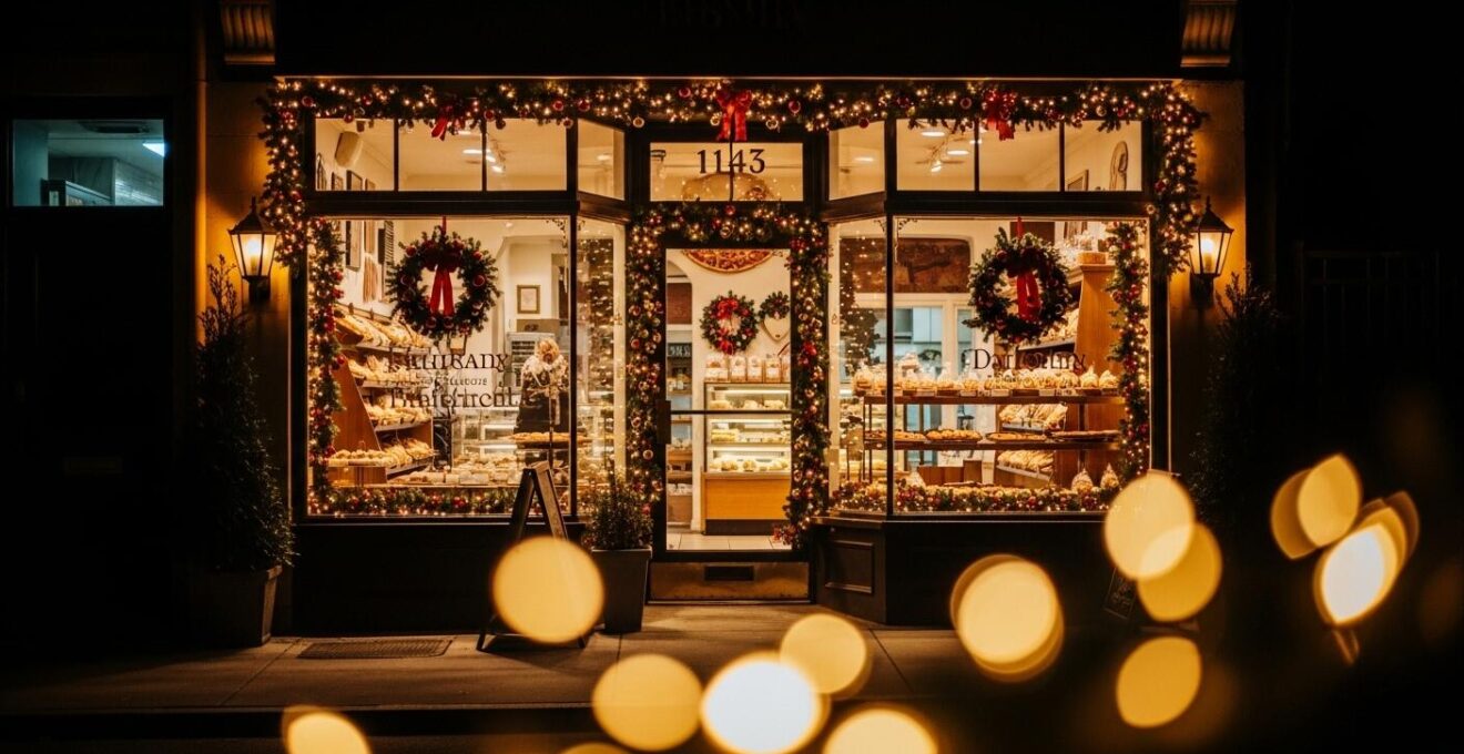 Devanture de boulangerie décorée pour Noël avec lumière chaude et ambiance festive