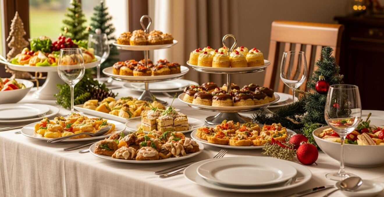Buffet dînatoire de Noël coloré et convivial avec plats variés sur une grande table élégante