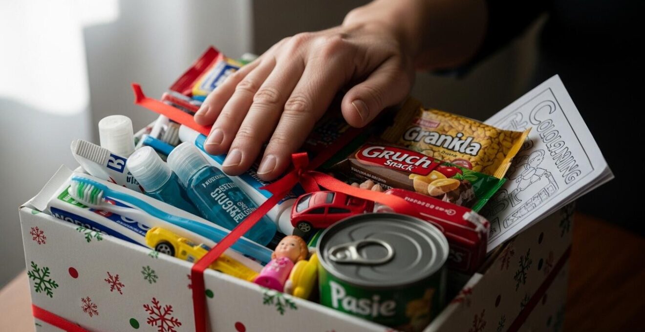 Boîte décorée représentant un calendrier de l'Avent inversé avec des objets cadeaux à offrir