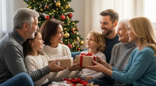 Famille réunie autour d'un sapin de Noël dans une ambiance chaleureuse et apaisante