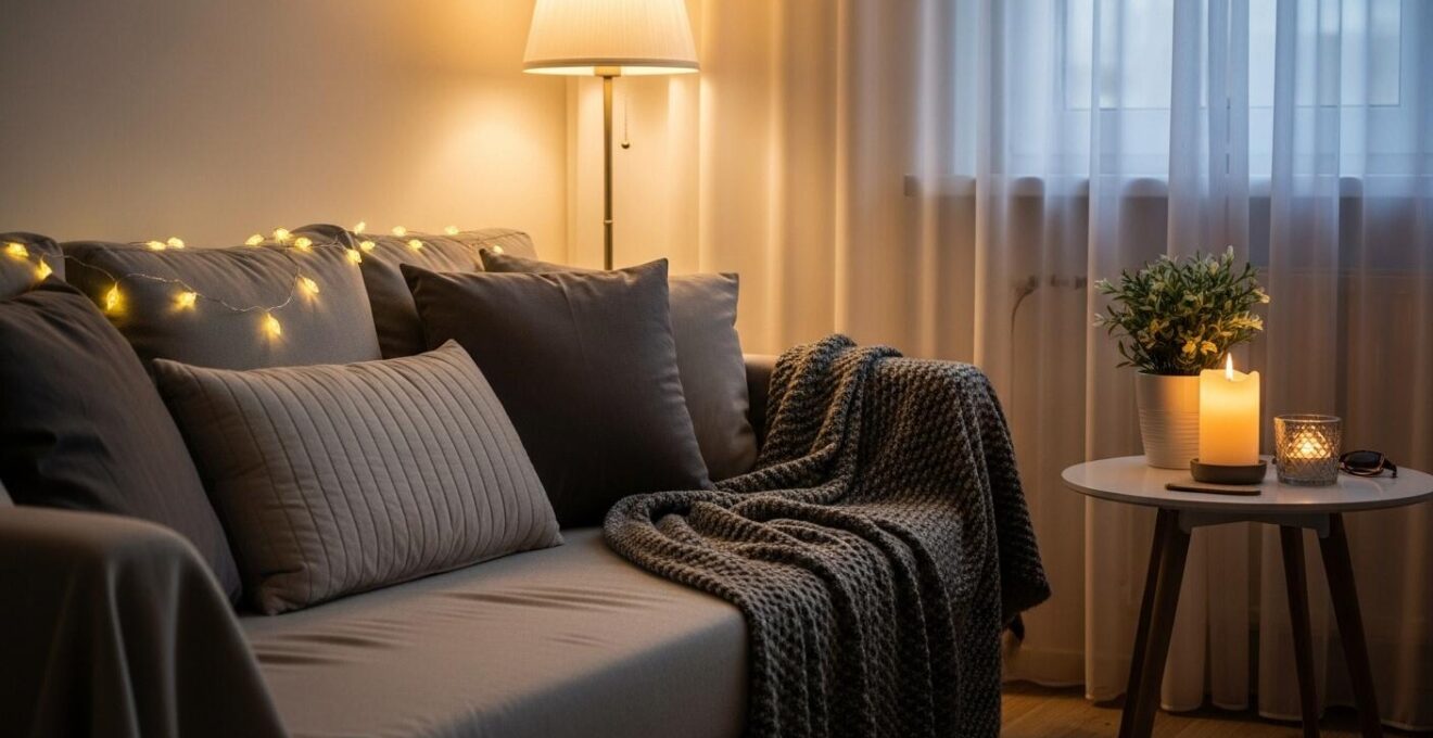 Coin cosy d'appartement avec coussins, lumière tamisée et plaid moelleux sur un canapé
