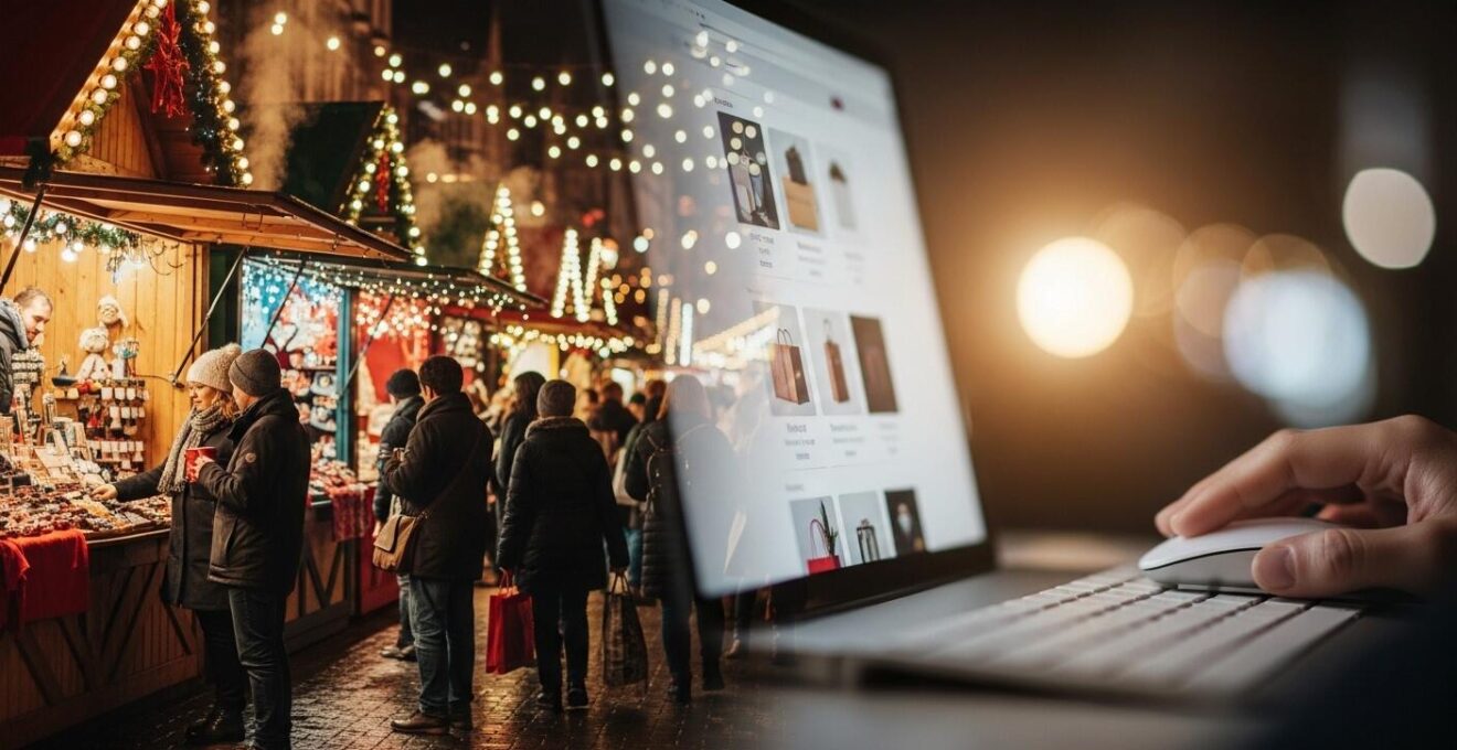Vue symbolique montrant un marché de Noël traditionnel versus une interface d'achat en ligne