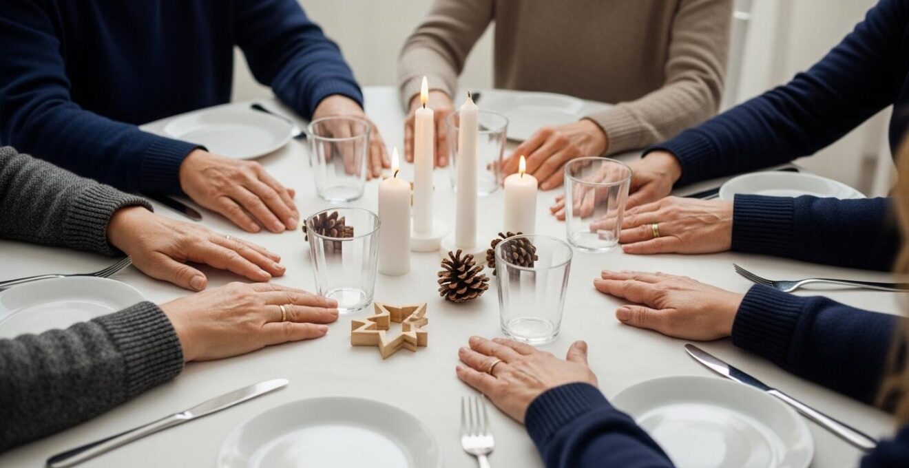 Espace chaleureux autour d'une table ronde, personnes qui discutent calmement.