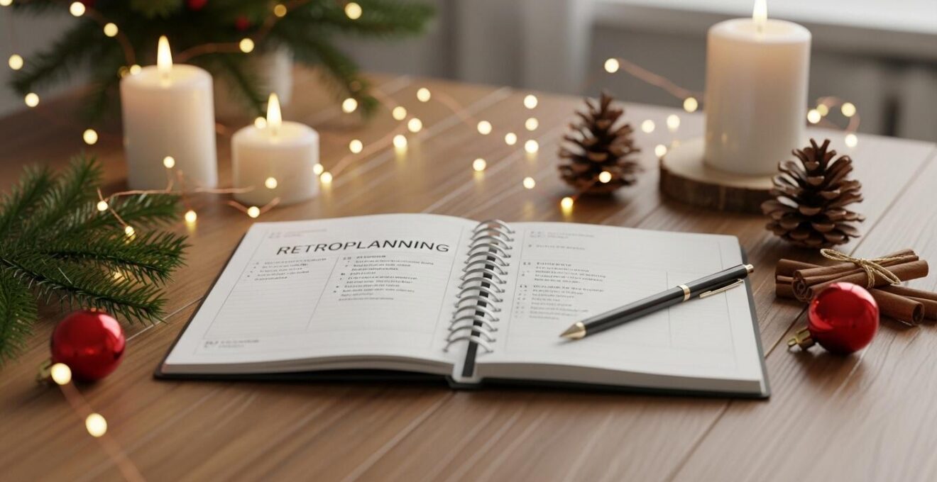 Table en bois avec agenda, décorations de Noël, listes organisées et une tasse de chocolat chaud