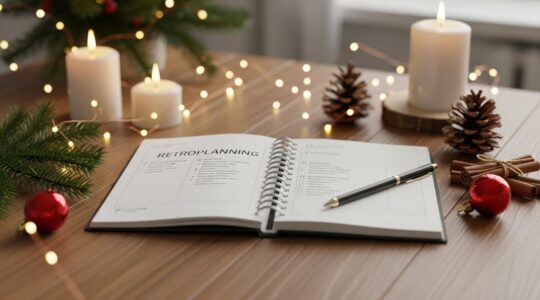 Table en bois avec agenda, décorations de Noël, listes organisées et une tasse de chocolat chaud