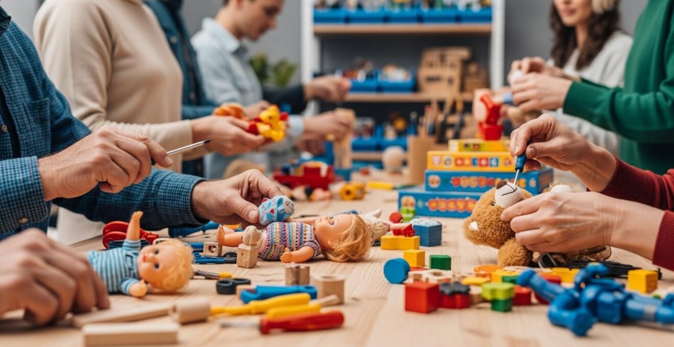 Photo symbolique d’un atelier avec des bénévoles triant et réparant des jouets dans un local lumineux et ordonné