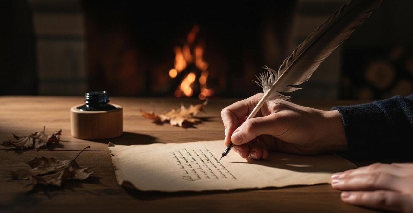 Main d’une personne écrivant une lettre avec une plume à côté d’un feu de cheminée chaleureux