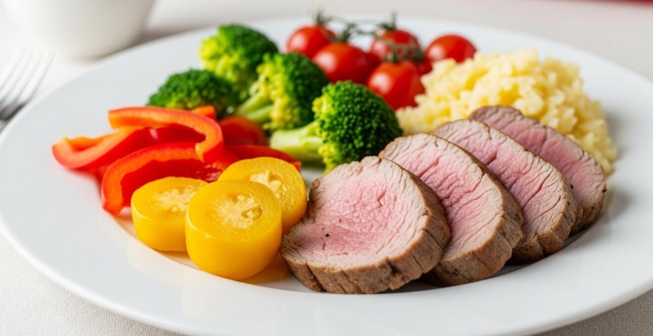 Main posée délicatement sur une assiette équilibrée avec légumes et viande festive en gros plan