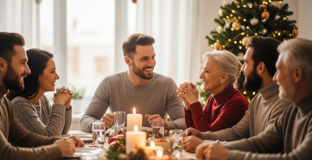 Photo réaliste d'une famille réunie autour d'une table de Noël dans une ambiance chaleureuse et lumineuse symbolisant la bienveillance et le partage.
