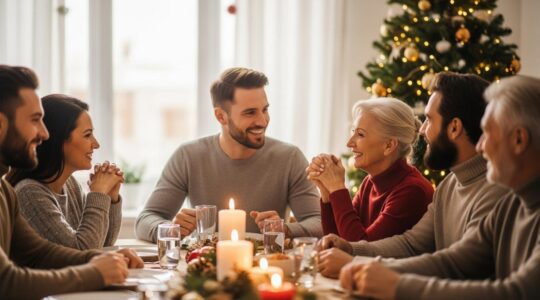 Photo réaliste d'une famille réunie autour d'une table de Noël dans une ambiance chaleureuse et lumineuse symbolisant la bienveillance et le partage.