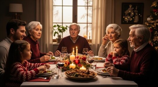 Famille diverse autour d'une table de Noël moderne, ambiance chaleureuse et interrogation partagée.
