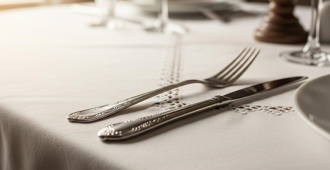 Détail photographique d’une table élégante de Noël avec des couverts anciens en métal ciselé