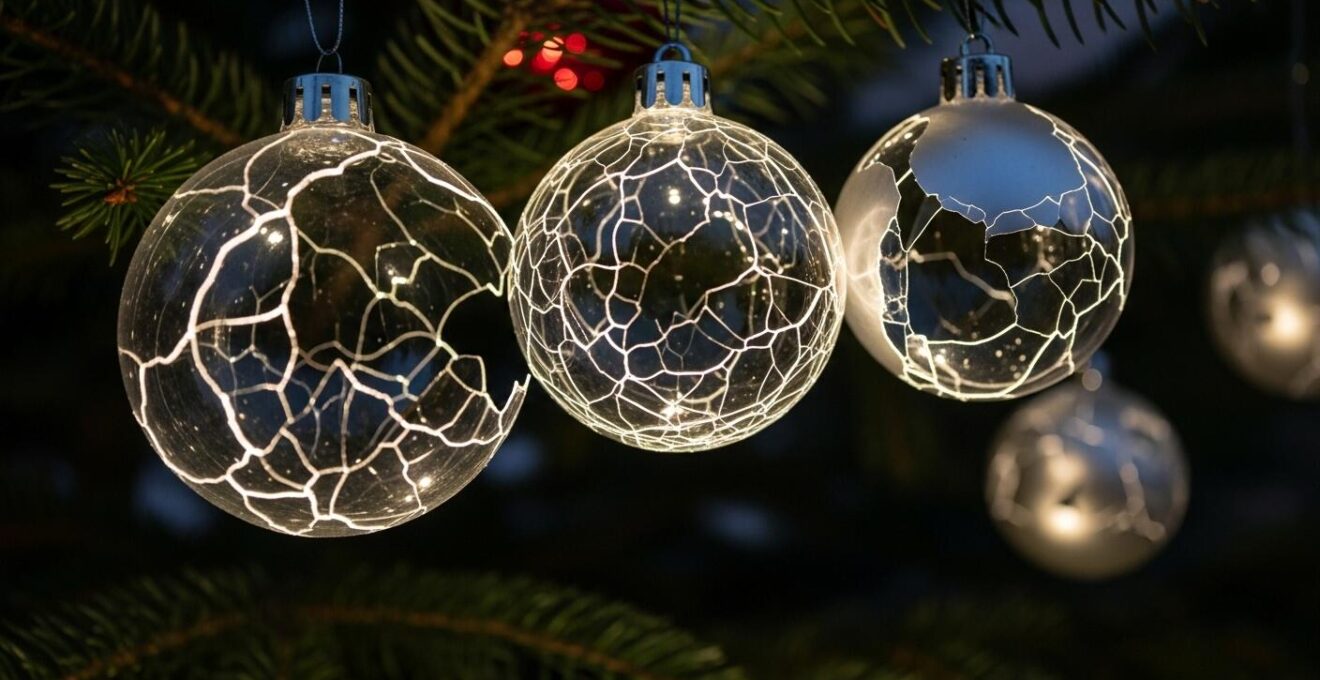 Détail d’un sapin de Noël vu de très près avec des décorations cassées symbolisant les tensions fraternelles