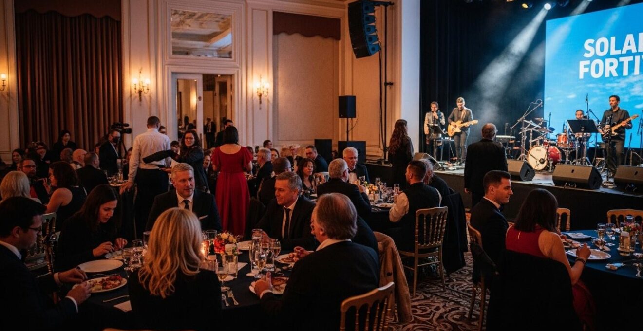 Photographie réaliste en lumière naturelle d'un gala de charité vibrant avec un concert solidaire en arrière-plan et une foule engagée en tenue élégante