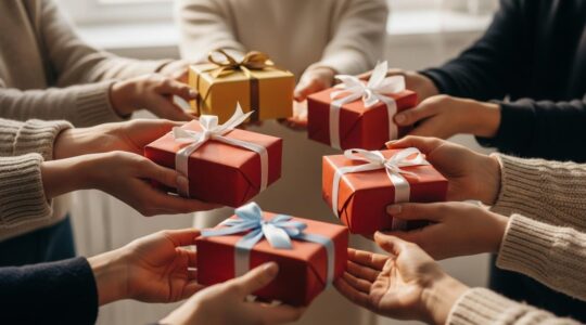 Scène symbolique illustrant la générosité de Noël avec des mains tendues offrant des cadeaux colorés dans une ambiance chaleureuse et festive