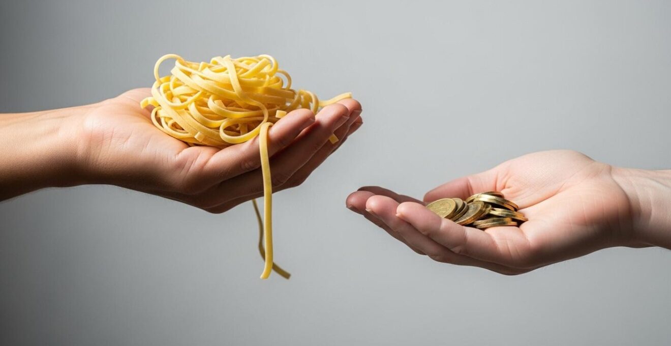 Une composition symbolique représentant le geste du don sous forme d’argent et de nourriture, avec des mains tendues recevant un paquet de pâtes d’un côté et des pièces de monnaie de l’autre