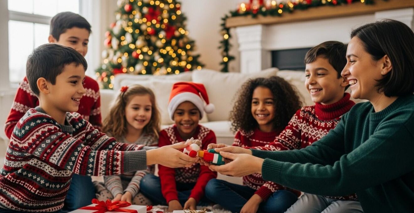 Photo réaliste d'enfants jouant ensemble joyeusement avec divers jouets offerts, ambiance chaleureuse et festive