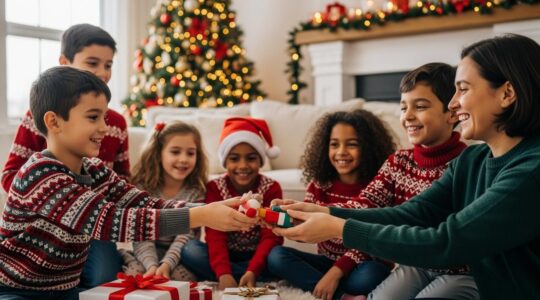 Photo réaliste d'enfants jouant ensemble joyeusement avec divers jouets offerts, ambiance chaleureuse et festive