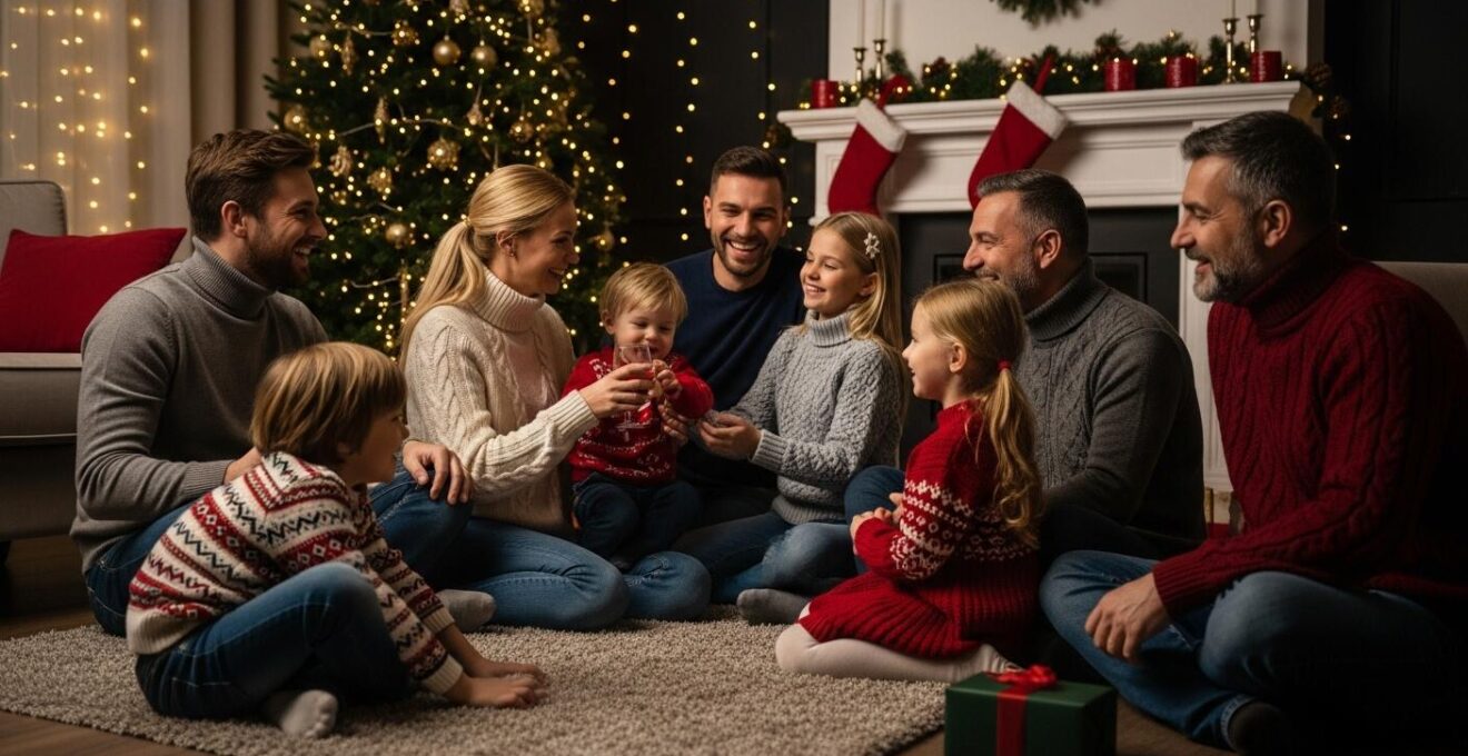 Scène réaliste montrant une famille réunie dans un salon chaleureux décoré pour Noël, transmettant joie et connexion.