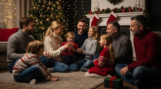 Scène réaliste montrant une famille réunie dans un salon chaleureux décoré pour Noël, transmettant joie et connexion.