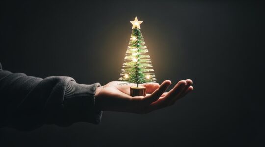 Photo réaliste d'une main tendue offrant un sapin de Noël illuminé dans l'obscurité, symbolisant la solidarité et le lien humain à Noël