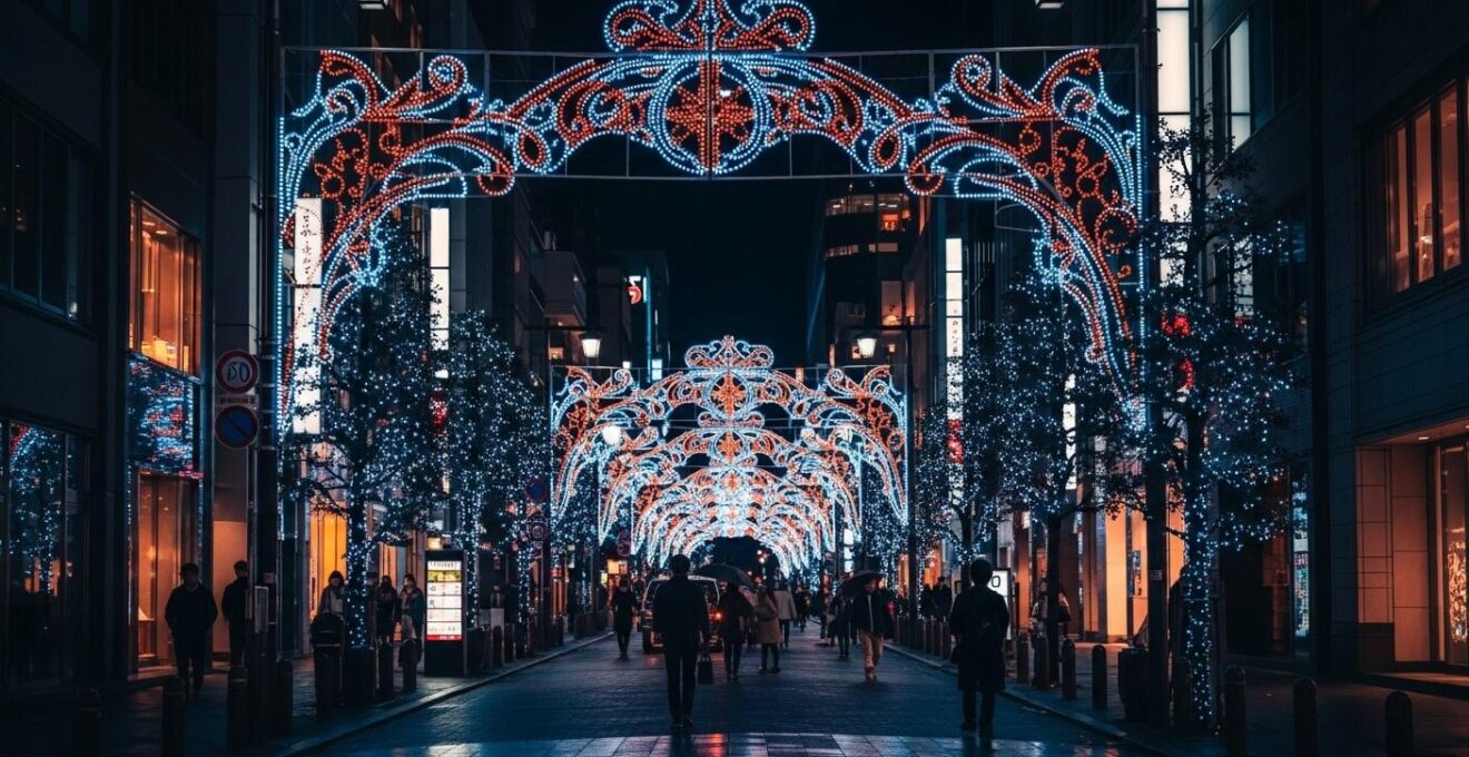 Rue japonaise illuminée la nuit avec décorations de Noël et couples se promenant sous des lumières scintillantes
