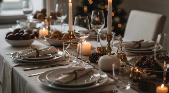 Vue d'une table festive de Noël prête avec décoration soignée et ambiance chaleureuse