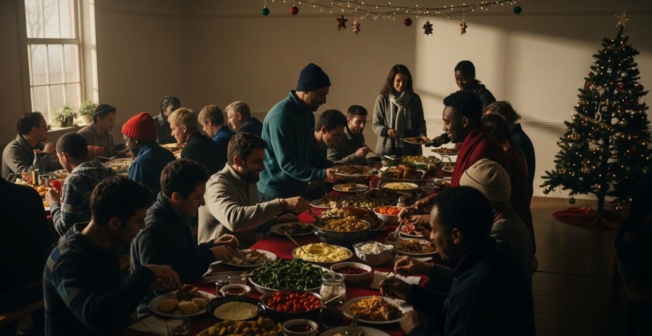 Table chaleureuse entourée de personnes diverses partageant un repas de Noël solidaire