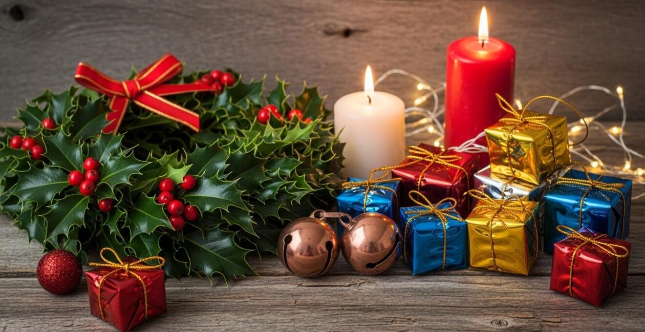 Illustration symbolique représentant les traditions perdues de Noël avec des éléments anciens et modernes mêlés