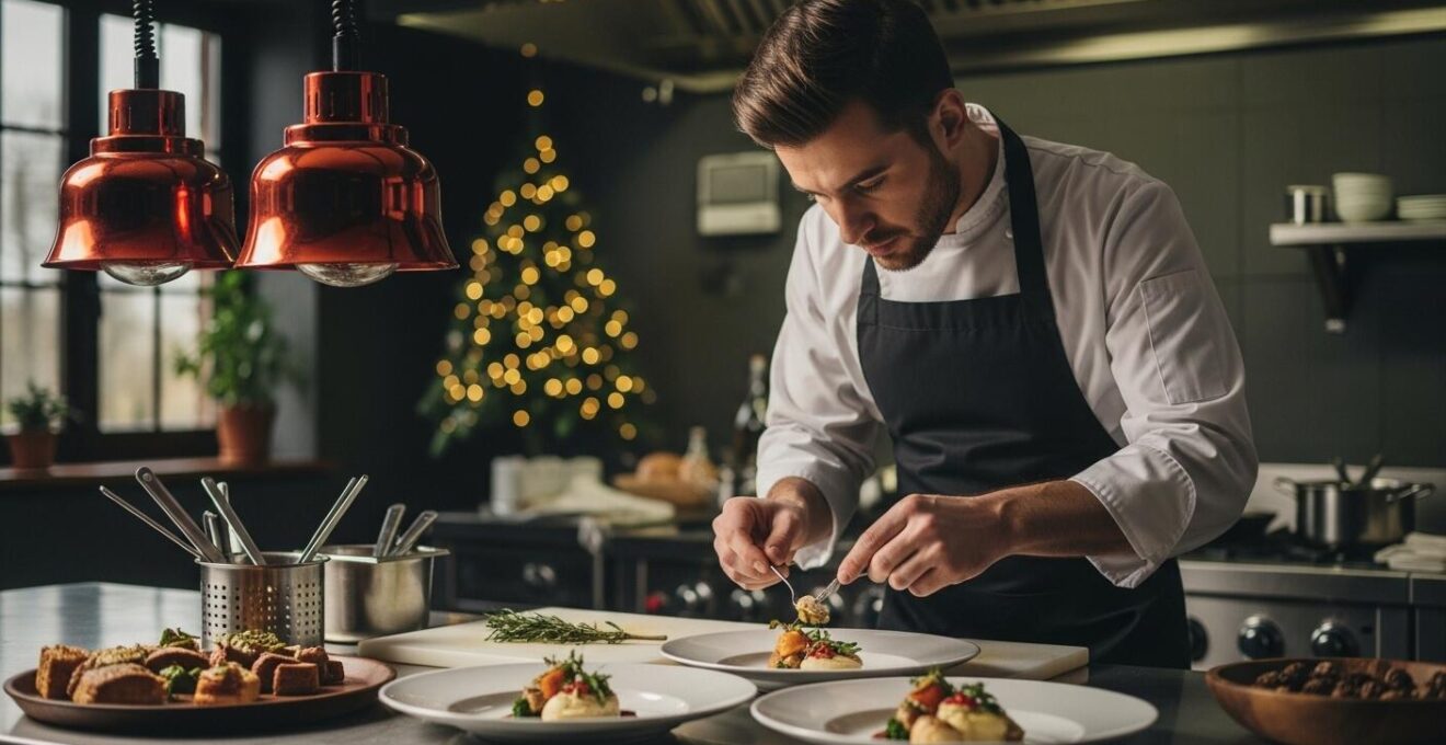 Chef cuisinier orchestrant avec concentration un menu de réveillon de Noël dans une cuisine élégante