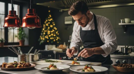 Chef cuisinier orchestrant avec concentration un menu de réveillon de Noël dans une cuisine élégante