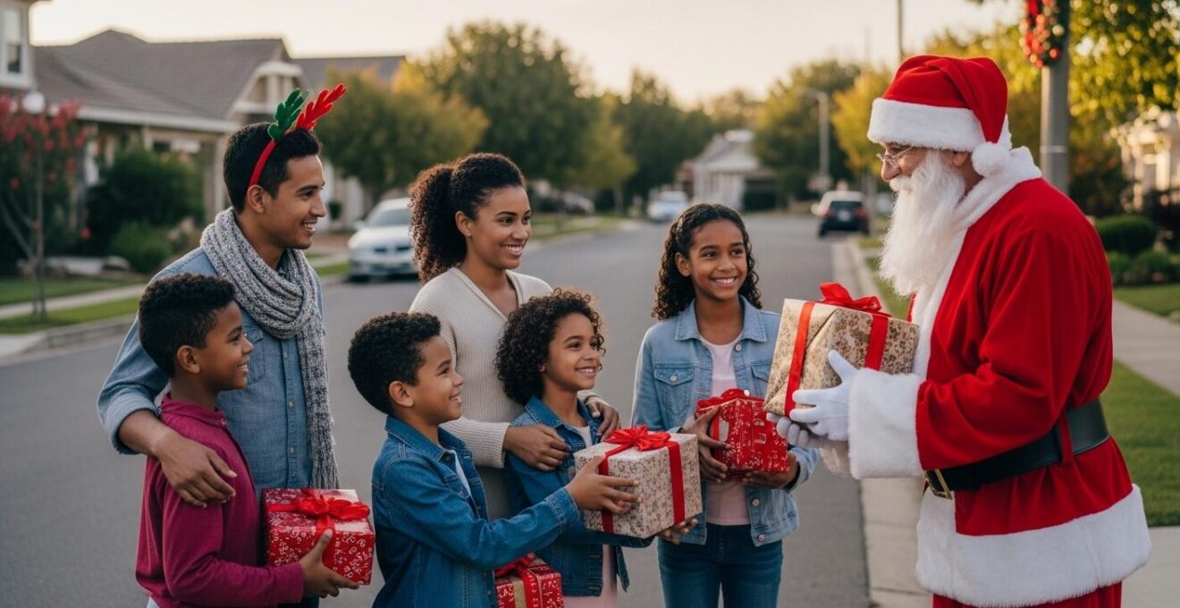 Scène chaleureuse d'un Père Noël distribuant des cadeaux dans un quartier animé aux décorations de Noël