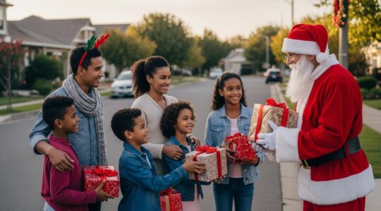 Scène chaleureuse d'un Père Noël distribuant des cadeaux dans un quartier animé aux décorations de Noël