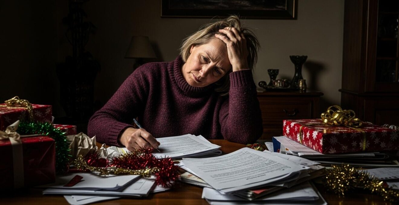 Photographie symbolique d’un adulte submergé par les préparatifs, entouré d’objets de Noël et d’une liste interminable.