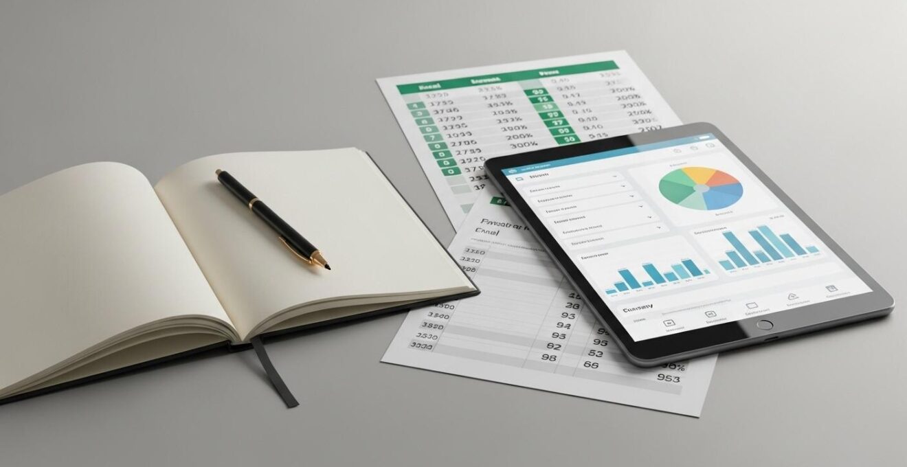 Une composition artistique de carnets, feuilles Excel imprimées, et une tablette affichant Trello