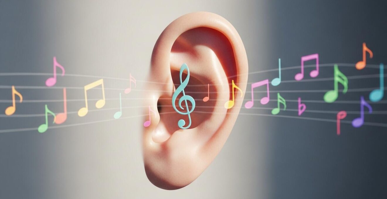Illustration symbolique d'une oreille entourée de petites notes de musique aux couleurs douces