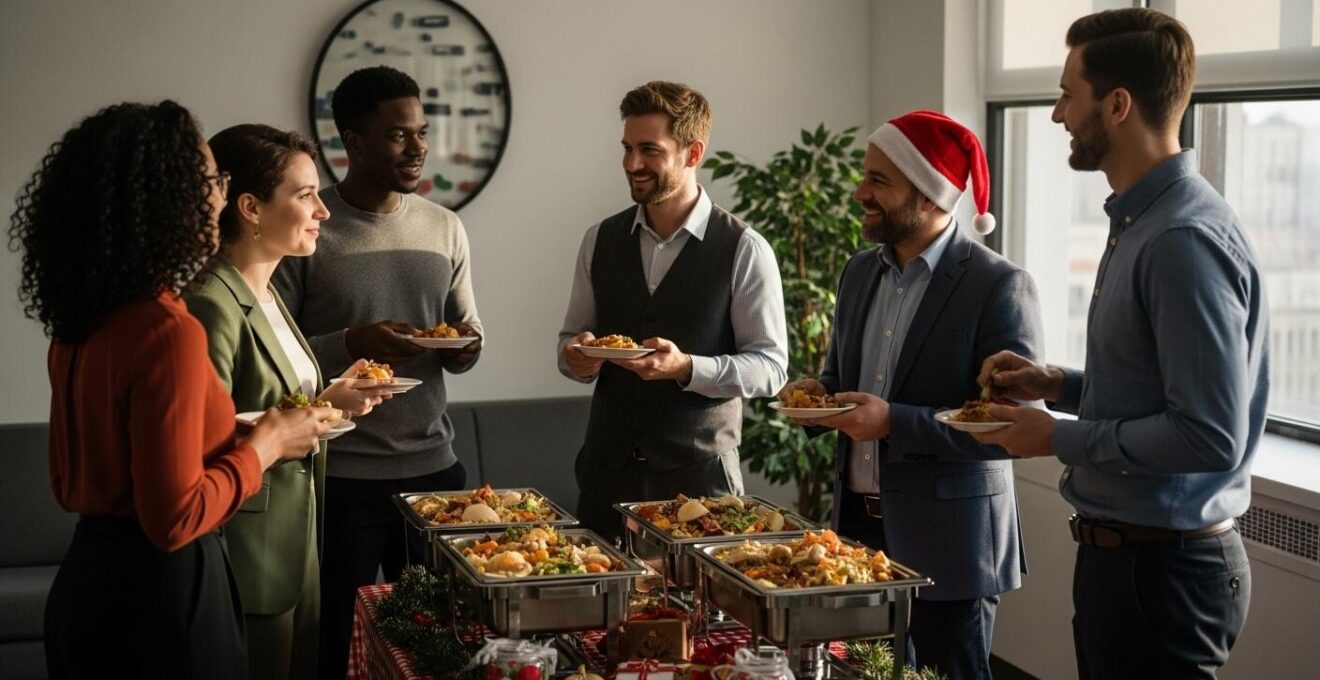 Groupe de collègues échangeant joyeusement lors d’un pot de Noël au bureau dans un espace de travail décoré festivement