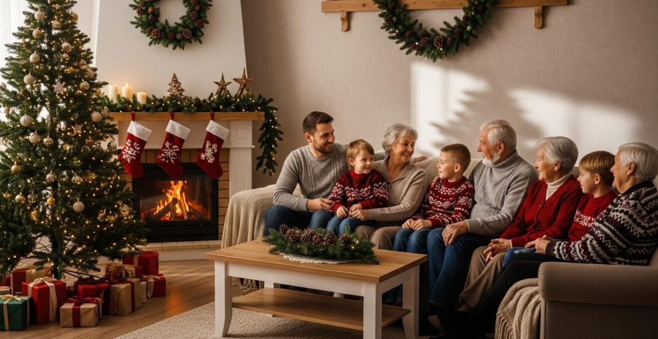 Image environnementale montrant une pièce chaleureuse de maison décorée pour Noël où plusieurs générations se rassemblent paisiblement