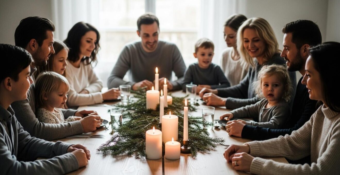 Photo conceptuelle centrée sur une table de Noël simplement décorée et une famille détendue.