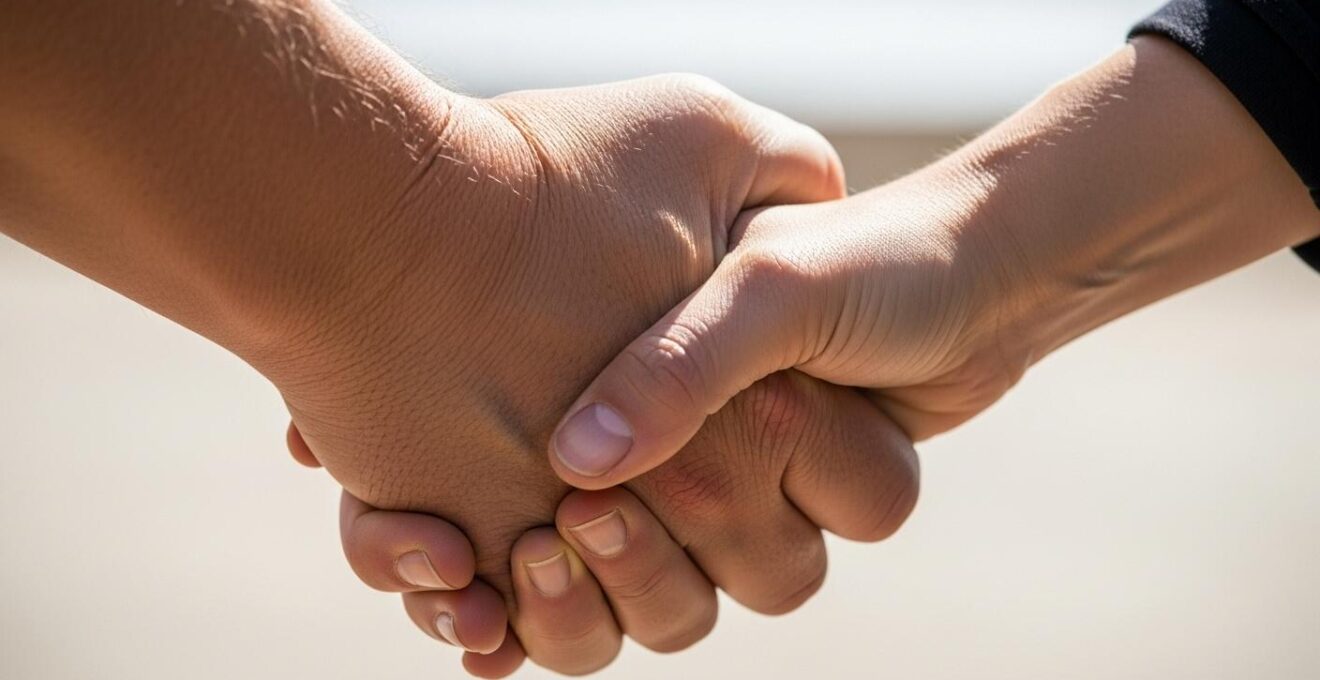 Gros plan sur deux mains se tenant, symbolisant l’écoute et le soutien humain donné par les bénévoles aux personnes en difficulté
