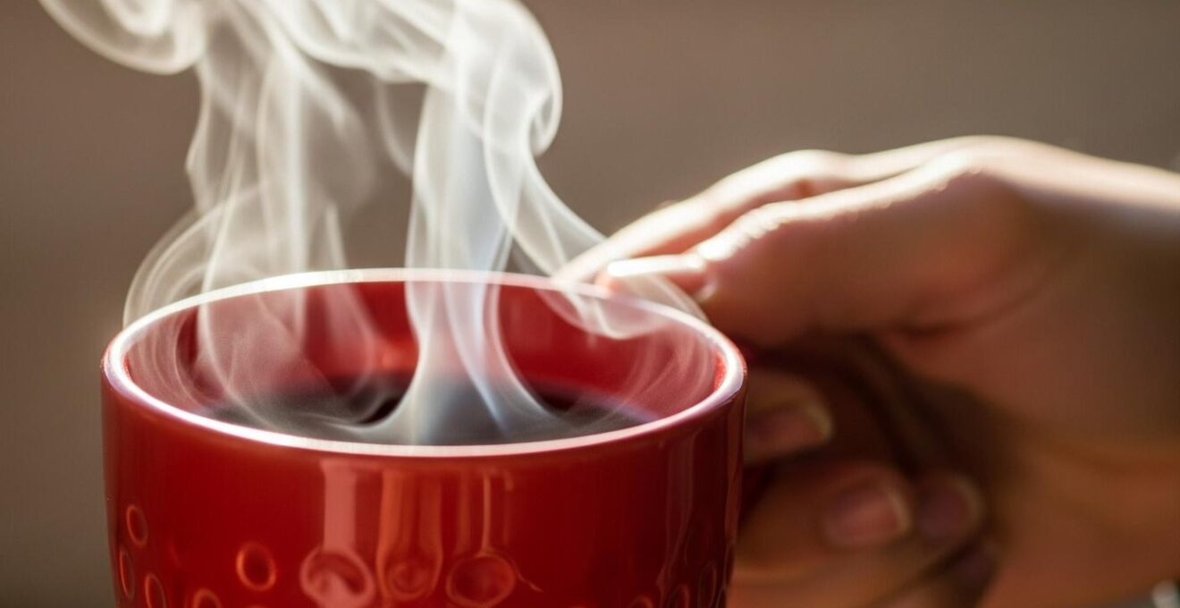 Main tenant une tasse fumante de vin chaud dans une ambiance hivernale chaleureuse et festive