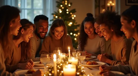 Une famille diverse réunie autour d'une table de Noël chaleureuse, échangeant des regards bienveillants et des sourires sincères, avec des lumières douces et des éléments festifs discrets.