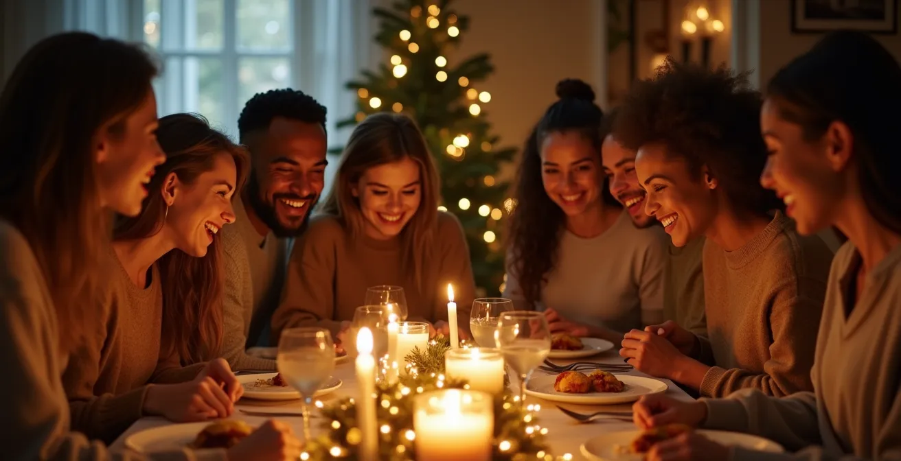 Une famille diverse réunie autour d'une table de Noël chaleureuse, échangeant des regards bienveillants et des sourires sincères, avec des lumières douces et des éléments festifs discrets.